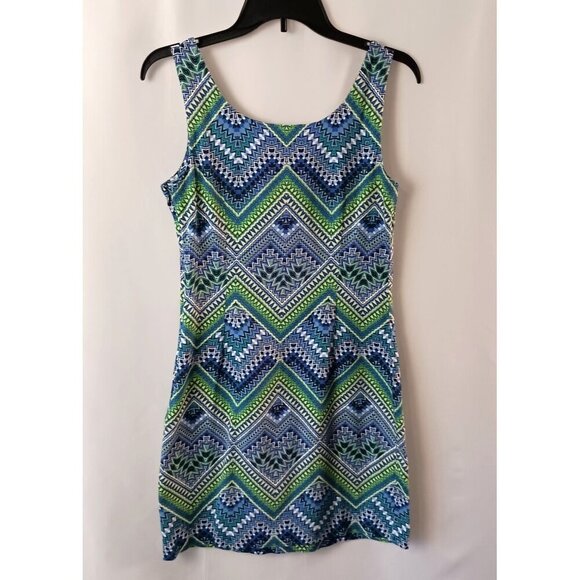 Laundry by Design Geometric Print Mini Dress Size 6 Blue Green Sleeveless Shift - Picture 4 of 5